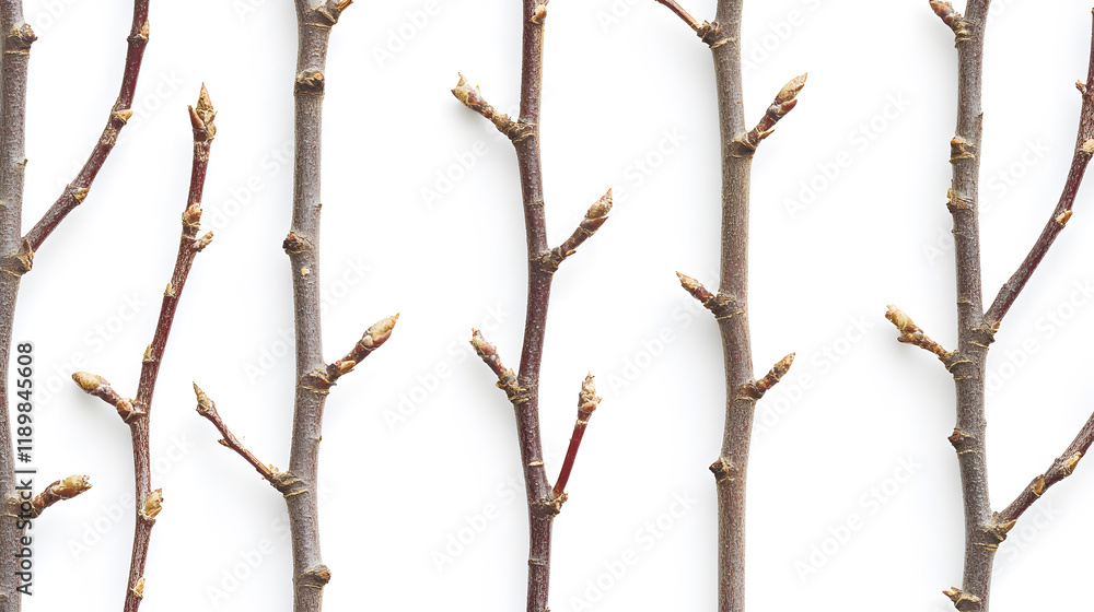 Close-up of slender tree branches with small buds, arranged in a repeating pattern against a clean white background. Ideal for nature, spring, or growth themes. Close-up of slender tree branches with small buds, arranged in a repeating pattern against a clean white background. Ideal for nature, spring, or growth themes.