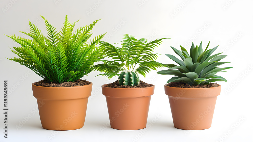 Obraz premium Three potted plants: a large fern, a smaller fern with a cactus, and an agave. They are in terracotta pots on a white background. Perfect for home decor or office space.