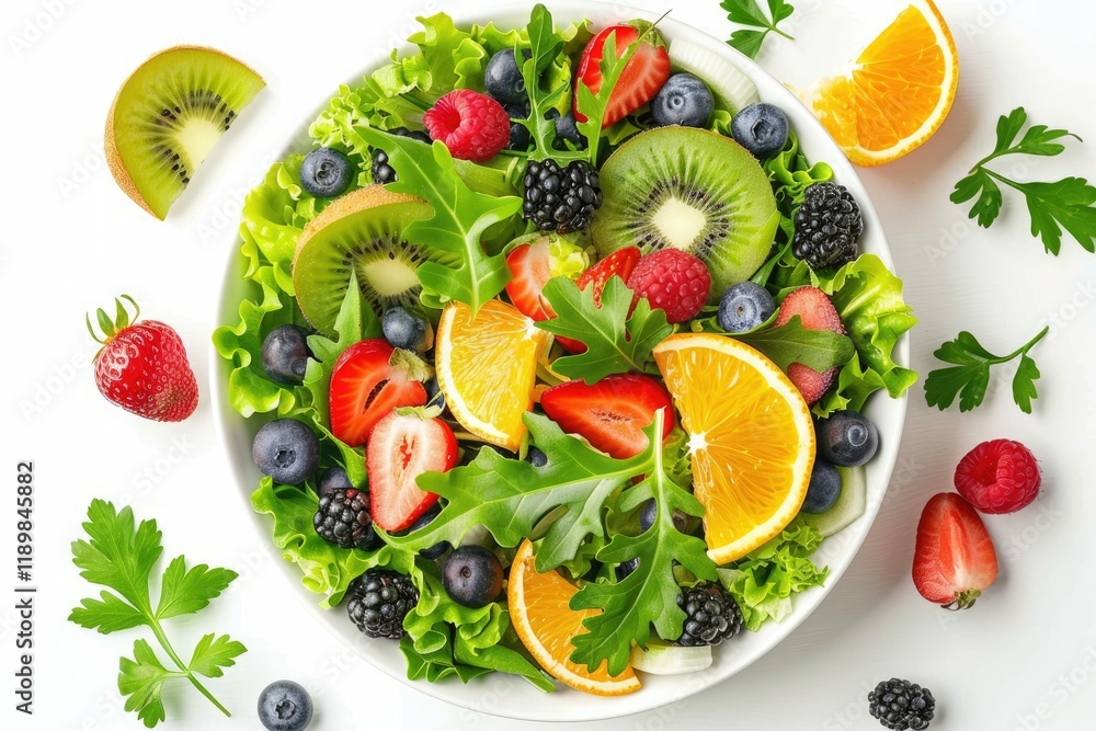 Fresh Salad with Fruits and Greens on White Background Top View Healthy Food Fresh Salad with Fruits and Greens on White Background Top View Healthy Food