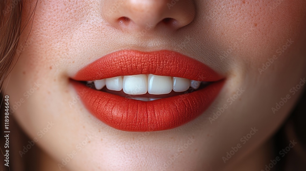 Obraz premium Close-up of a smiling woman's lips with vibrant red lipstick.