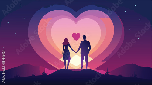 A romantic silhouette of a couple holding hands under a large, glowing heart.