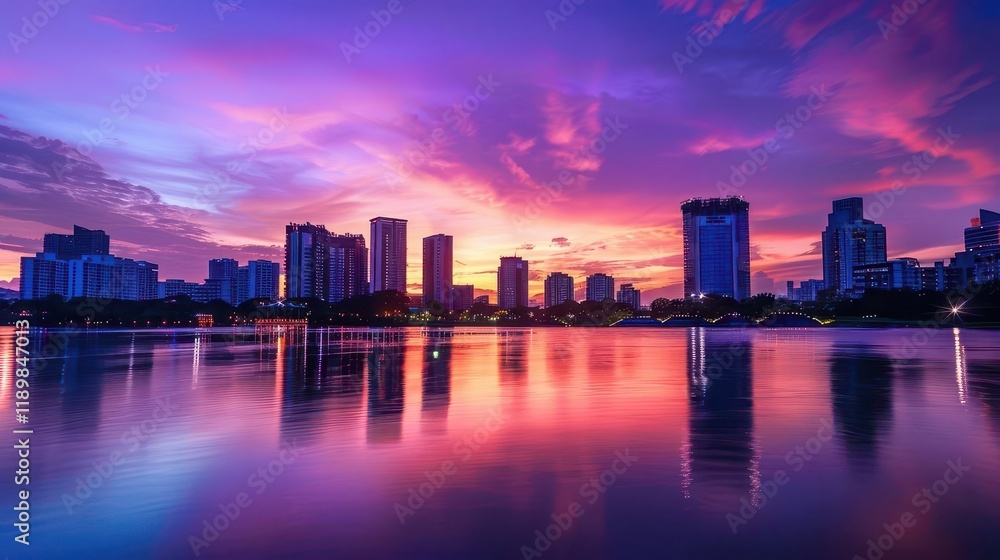 Fototapeta premium A vibrant city skyline at sunset, reflecting colorful hues on calm water.