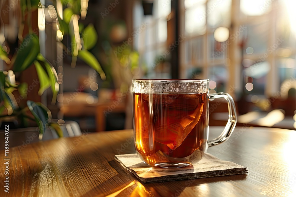 Glass Cup with Black Tea From a Tea Bag on the Table, Home Tea Drinking Copy Space, Selective Focus Glass Cup with Black Tea From a Tea Bag on the Table, Home Tea Drinking Copy Space, Selective Focus