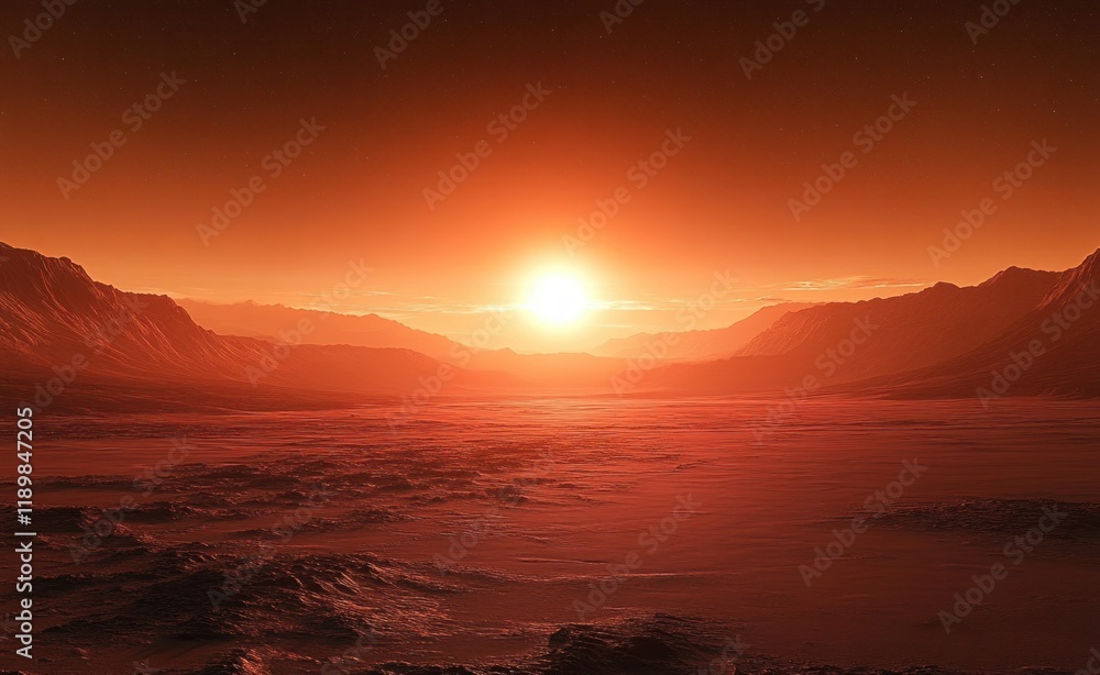 Dreamlike Dusk on Mars Red Terrain and Ethereal Mountains Dreamlike Dusk on Mars Red Terrain and Ethereal Mountains