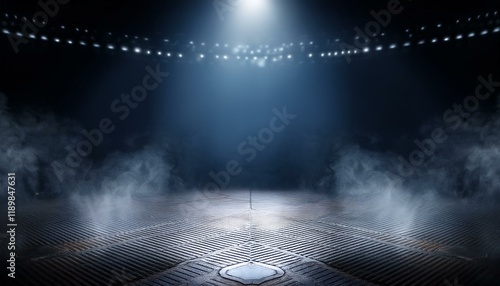 dark stage shows studio room dark scene neon light and spotlights black diamond plate textur. photo