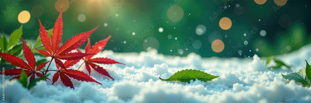 Red and green cannabis leaves scattered on a snow-covered Christmas landscape, Christmas, green Red and green cannabis leaves scattered on a snow-covered Christmas landscape, Christmas, green