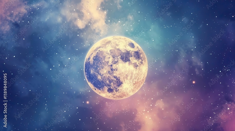 Obraz premium A vibrant cosmic scene featuring a large moon surrounded by colorful nebulae and stars.