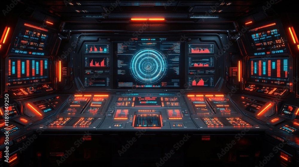Obraz premium Futuristic spaceship bridge interior with glowing control panel and advanced digital interface