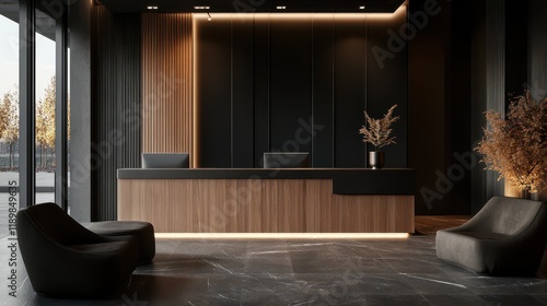 Dark contemporary waiting room interior featuring a wooden sideboard. The space exudes a modern, sophisticated vibe with its sleek design elements and muted color scheme.