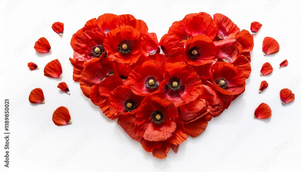 Red poppies arranged in a heart shape. Red poppies arranged in a heart shape.