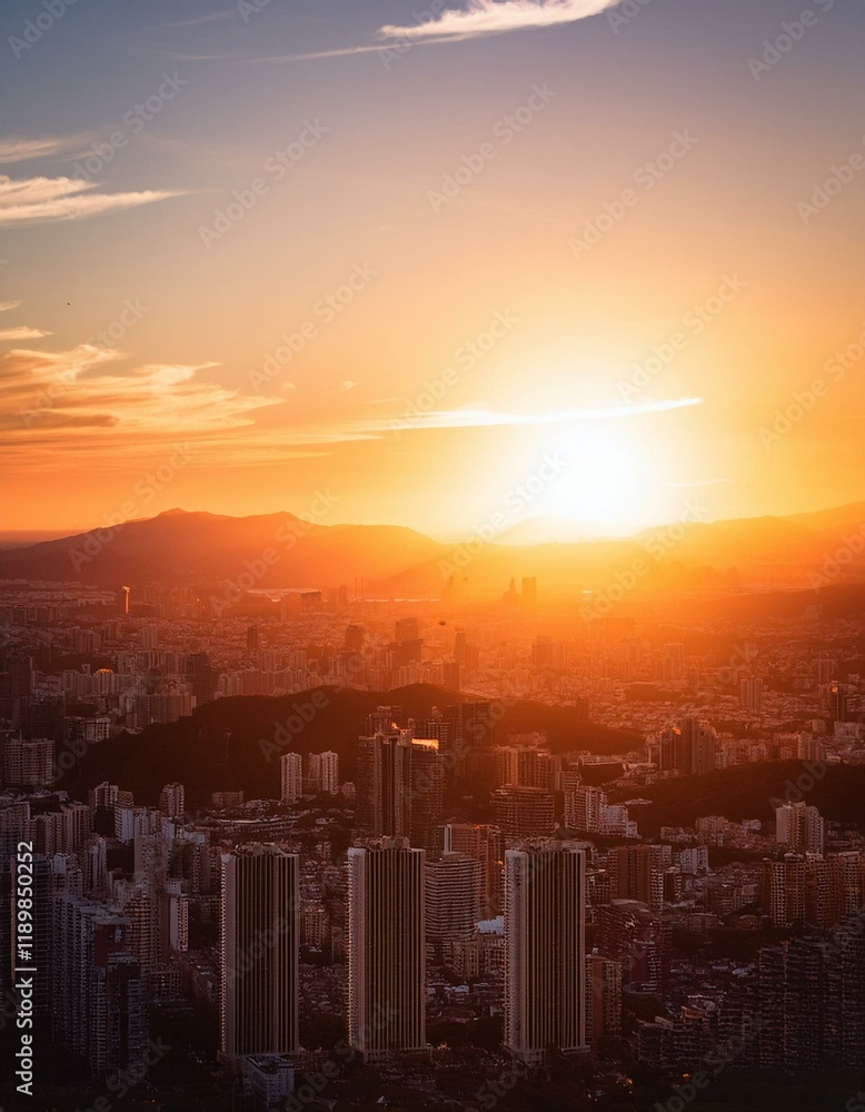 Fototapeta premium Golden sunset over a sprawling cityscape.
