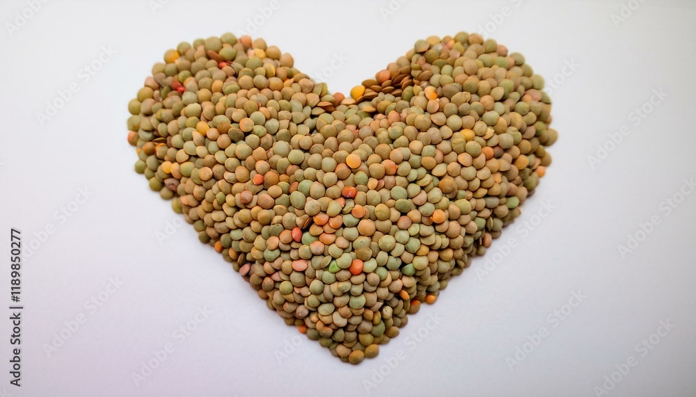 A heart-shaped pile of lentils on a white background. A heart-shaped pile of lentils on a white background.