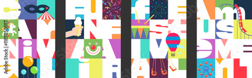 Vibrant amusement park poster set with Ferris wheel, circus tent, hot air balloon and fireworks. Colorful carnival funfair designs featuring ice cream and carousel. Modern festival graphic placards