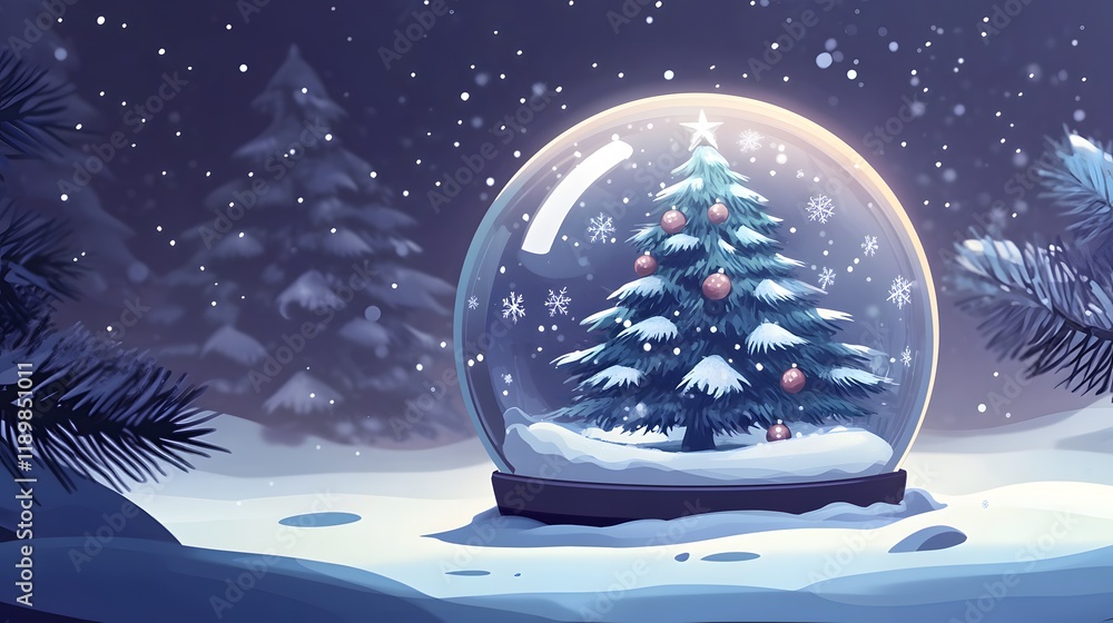 Snow globe scene with a Christmas tree in winter Snow globe scene with a Christmas tree in winter