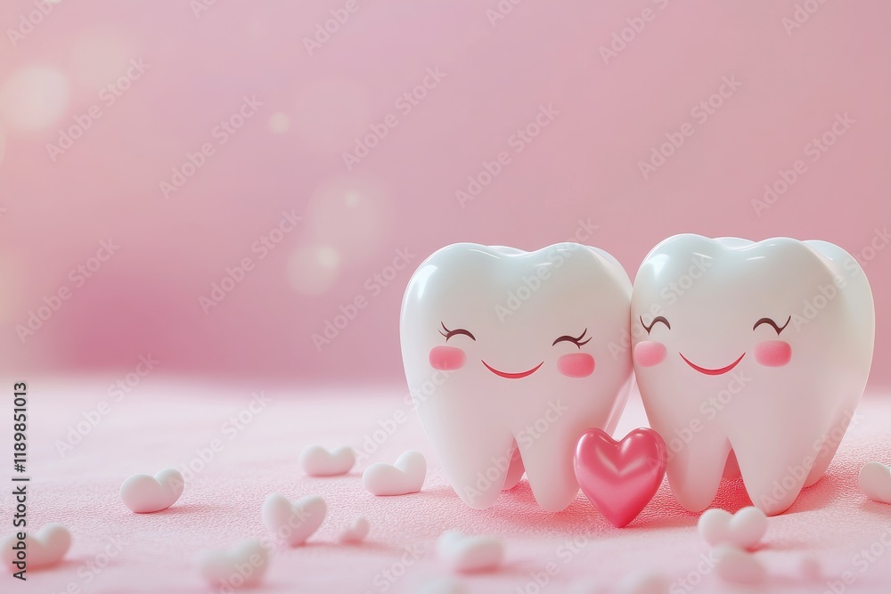 a cute, smiling tooth couple with hearts on a pink background, a Valentine's concept for a dental clinic ad banner or poster design. Cartoon character teeth in a romantic love scene. a cute, smiling tooth couple with hearts on a pink background, a Valentine's concept for a dental clinic ad banner or poster design. Cartoon character teeth in a romantic love scene.