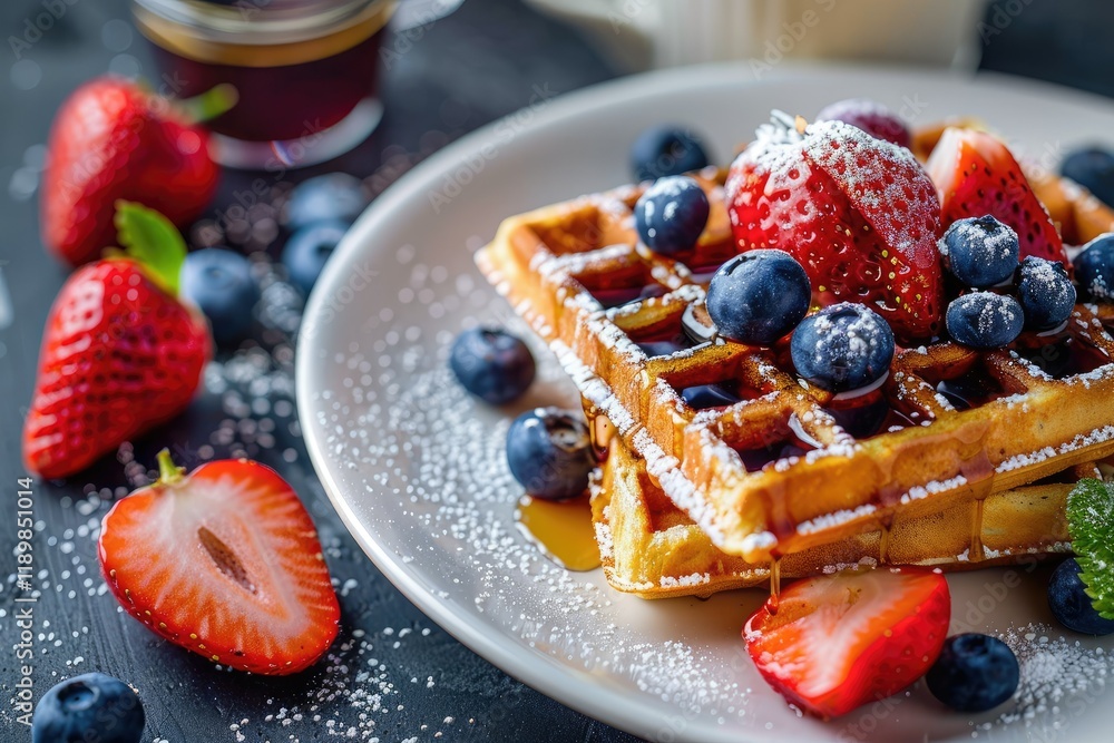 Belgian Waffles with Strawberries, Blueberries and Syrup, Homemade Healthy Breakfast Belgian Waffles with Strawberries, Blueberries and Syrup, Homemade Healthy Breakfast