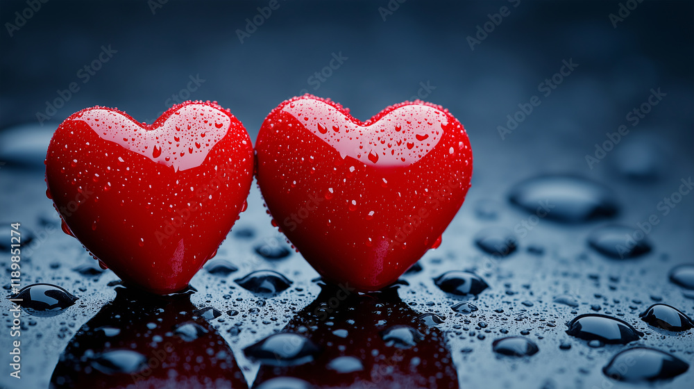 Fototapeta premium Two red hearts with water droplets on reflective surface.