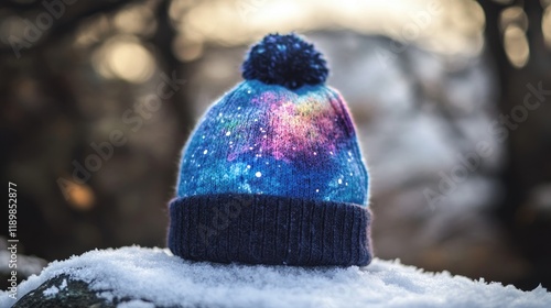 Knitted winter hat with galaxy design resting on snow. photo