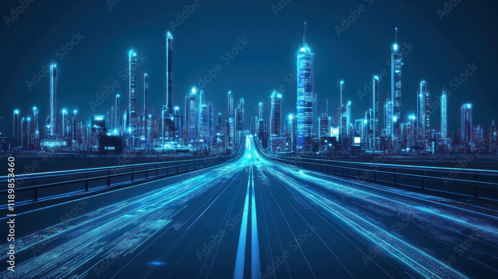 Fototapeta premium A futuristic road surrounded by high-tech factories and robotic vehicles, glowing neon accents, cyberpunk style