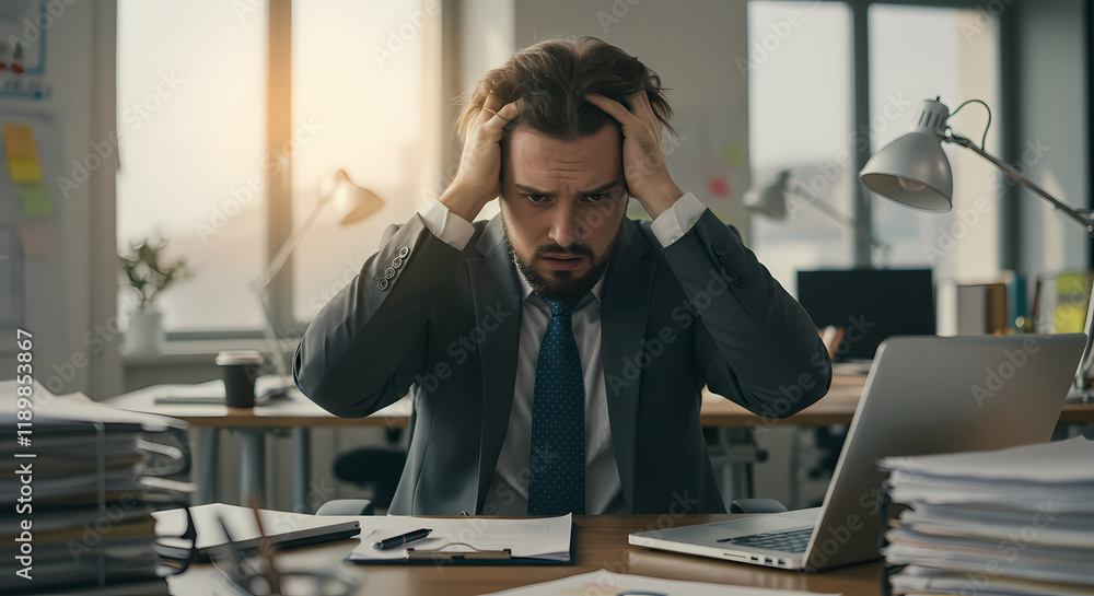 Stressed Businessman Overwhelmed by Work Deadline Office Problems Stressed Businessman Overwhelmed by Work Deadline Office Problems