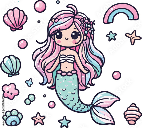 Cute cartoon girl mermaid with long hair, a smiling face