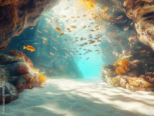 Sunlit Underwater Cave with School of Fish and Vibrant Coral Reefs in Crystal Clear Waters photo