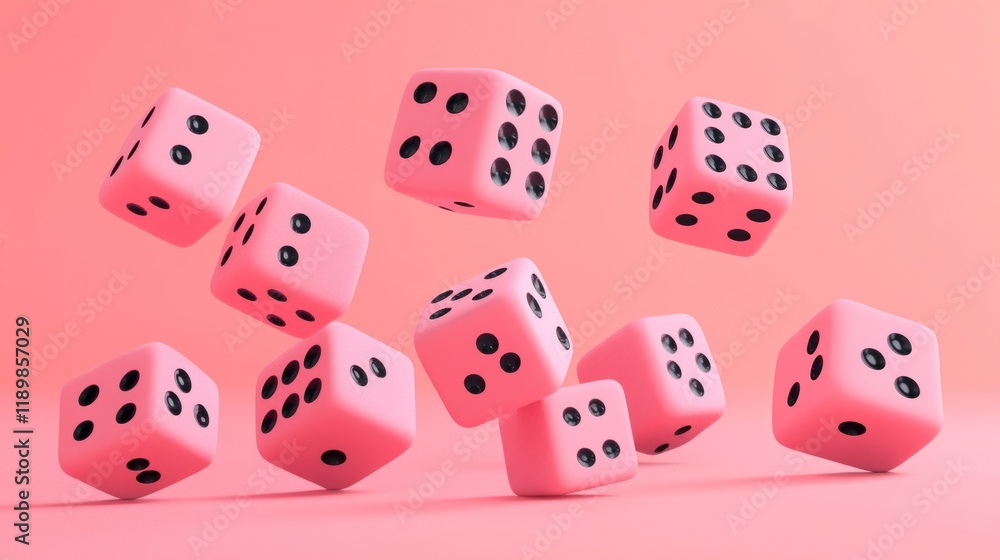 Pink dice levitating in the air on a pink background. Pink dice levitating in the air on a pink background.