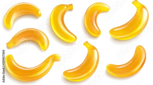 Yellow Banana Shaped Jelly Candies Arranged on White Background