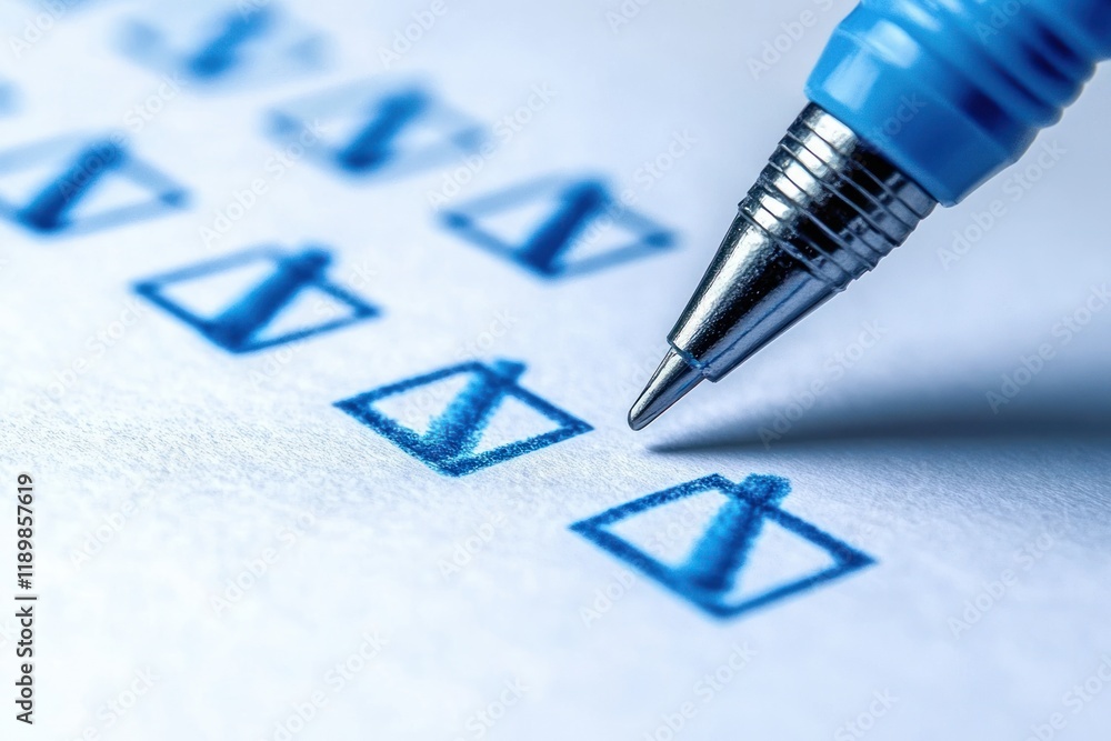 Fototapeta premium Checklist with Blue Ticks on White Paper Using Pen for Business Tasks and Surveys
