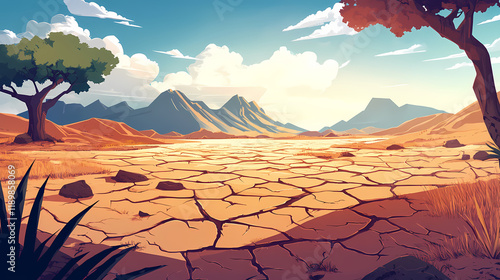 Dried-up lakes, dry cracked desert, cracked earth, dried-out land in the dry season, the global shortage of water on the planet. global warming and greenhouse effect concept. Shadowfall. Illustration photo