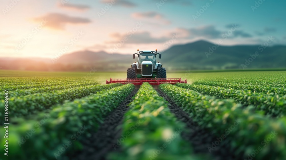 Tractor cultivating crops at sunset agricultural field scenic landscape rural environment wide-angle view farming practices Tractor cultivating crops at sunset agricultural field scenic landscape rural environment wide-angle view farming practices