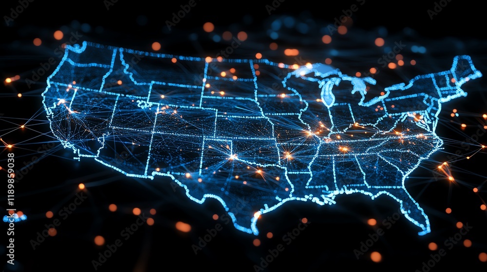 Digital Representation of the United States With Glowing Network Connections Overlaid Digital Representation of the United States With Glowing Network Connections Overlaid