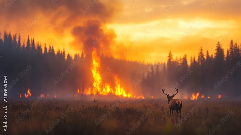 Fototapeta premium Wild elk amidst raging forest fire wilderness nature dramatic landscape breathtaking view environmental crisis