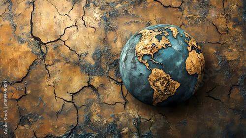 Earth globe on a droughtaffected background, illustrating the severe impacts of global warming, climate change, and the water shortage crisis. Shadowfall. Illustration photo