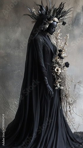 Mysterious Woman in Black Gown and Mask photo