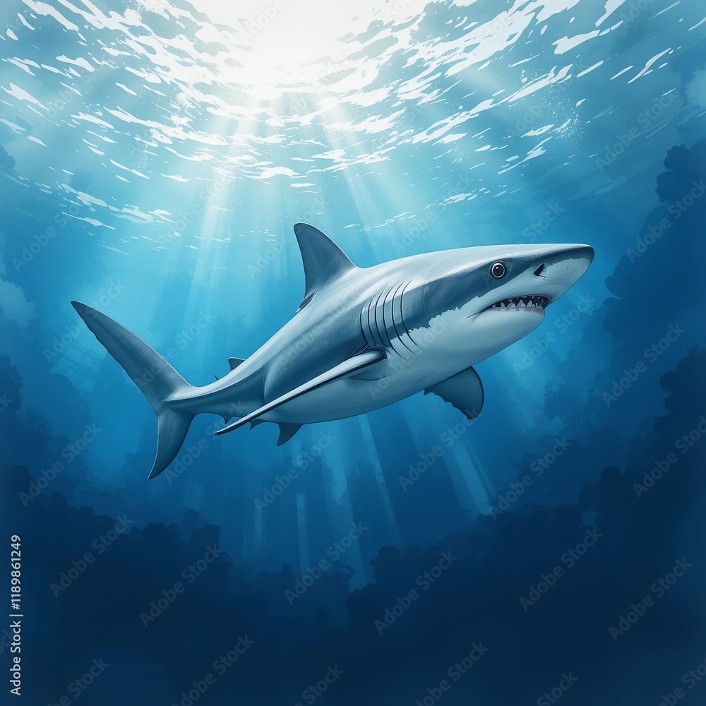 Fototapeta premium Majestic Great White Shark Underwater Ocean Wildlife Sunbeams Marine Life