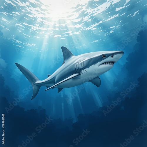Wallpaper Mural Majestic Great White Shark Underwater Ocean Wildlife Sunbeams Marine Life Torontodigital.ca