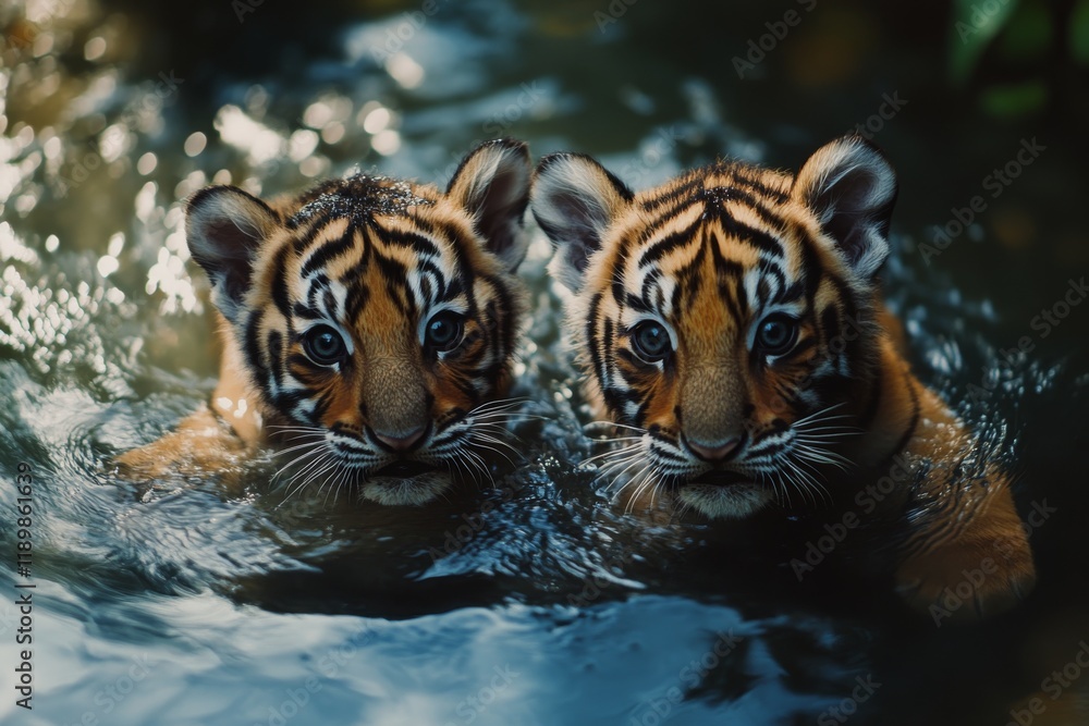 Fototapeta premium Tiger cub exploring the environment of its natural habitat. Tiger cub with a sweet look and wild innocence.