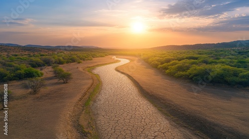 Drought impact on river flow barren landscape aerial view early morning nature conservation awareness