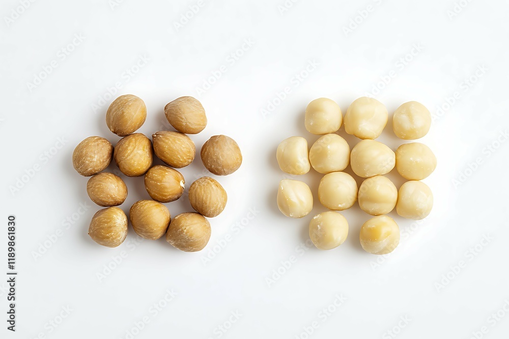 Macadamia nuts isolated on white background. Top view, flat lay Macadamia nuts isolated on white background. Top view, flat lay