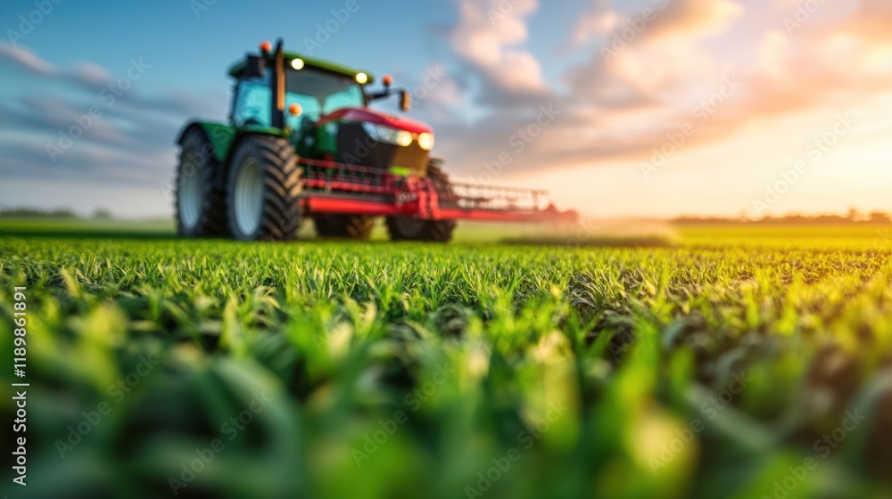 Tractor spraying fertilizer in lush green field agriculture scene evening sunlight rural landscape close-up perspective Tractor spraying fertilizer in lush green field agriculture scene evening sunlight rural landscape close-up perspective