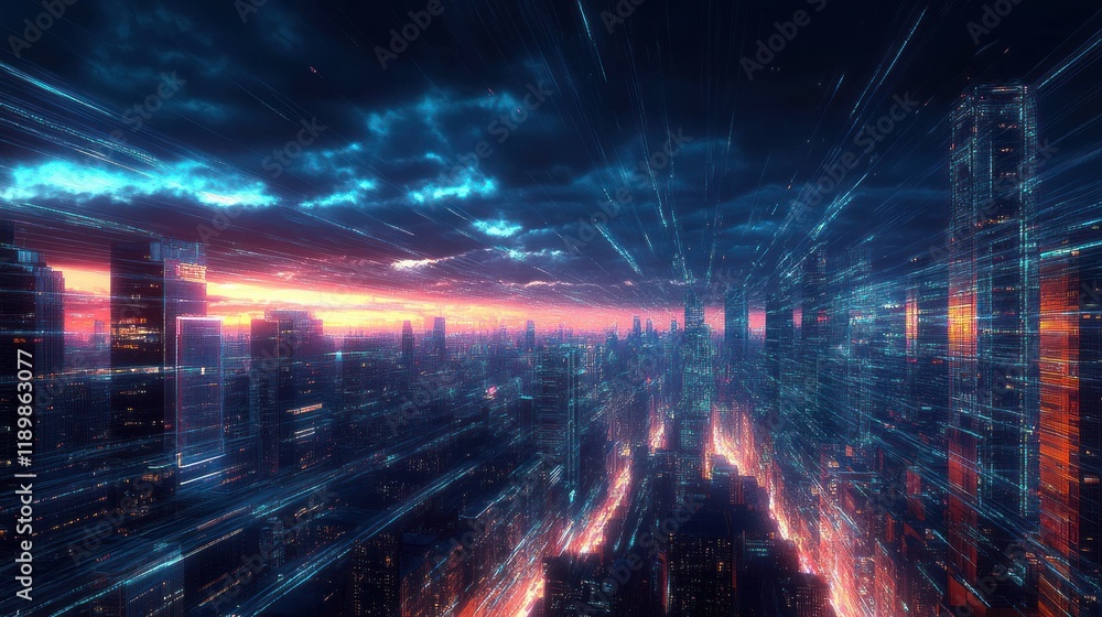 Futuristic Cityscape with Neon Light Trails and Dynamic Perspective in Cyberpunk Style Futuristic Cityscape with Neon Light Trails and Dynamic Perspective in Cyberpunk Style