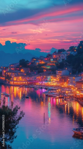 Breathtaking cityscape of a vibrant town with colorful buildings and lights reflected in the calm waters of a meandering river set against a majestic sunset sky with dramatic clouds