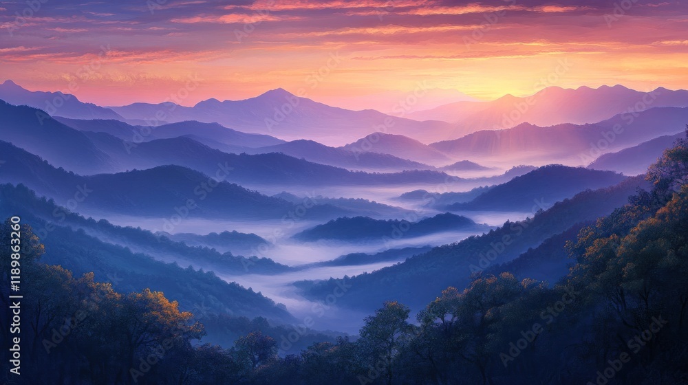 Sunrise over misty mountain range, autumn foliage, scenic vista, travel poster Sunrise over misty mountain range, autumn foliage, scenic vista, travel poster