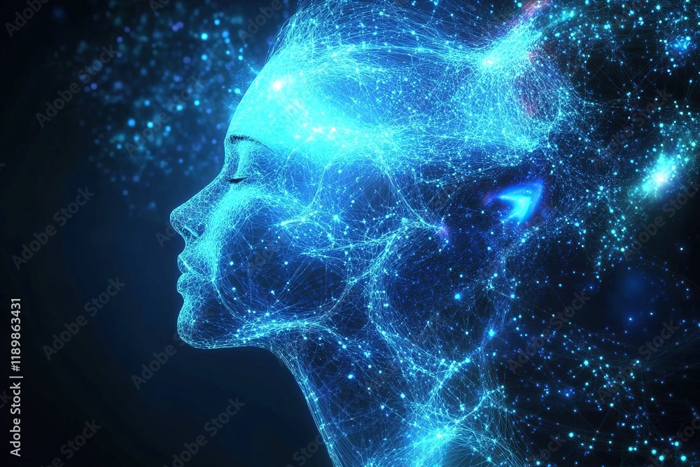 Digital Face Network Glows Brightly and Seamlessly Connects, Abstract Data Flow. Digital Face Network Glows Brightly and Seamlessly Connects, Abstract Data Flow.