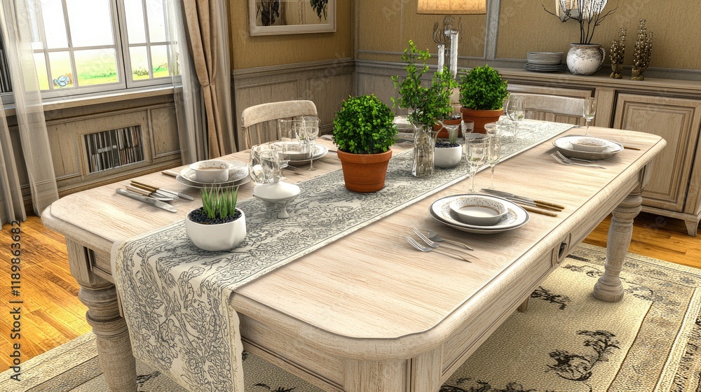 Elegant Dining Room Table Set for a Meal with Plants and Tableware, Suitable for Home Decor Inspiration Elegant Dining Room Table Set for a Meal with Plants and Tableware, Suitable for Home Decor Inspiration