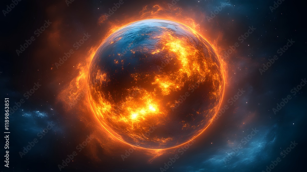 Fiery planet engulfed in flames and cosmic dust. Fiery planet engulfed in flames and cosmic dust.
