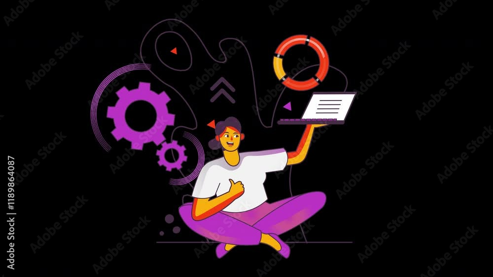 A young person of unspecified ethnicity is sitting with a laptop, surrounded by gears and graphical elements in a vibrant, flat design. A young person of unspecified ethnicity is sitting with a laptop, surrounded by gears and graphical elements in a vibrant, flat design.