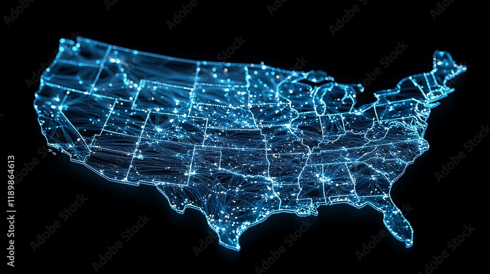 Obraz premium Detailed Depiction of a Digital Map Showing Interconnected Cities and Data Flow Across the United States at Night