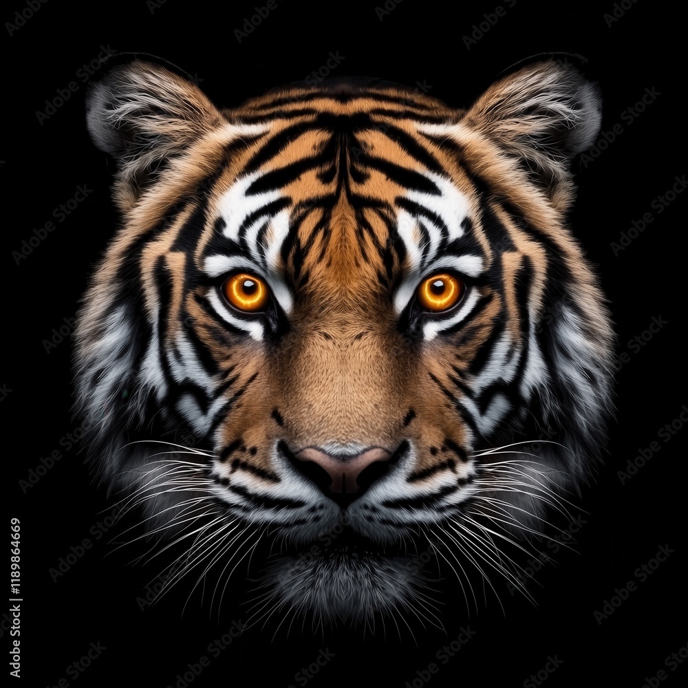 Obraz premium Majestic close-up of a tiger's face with sharp details, amber eyes standing out against a black background